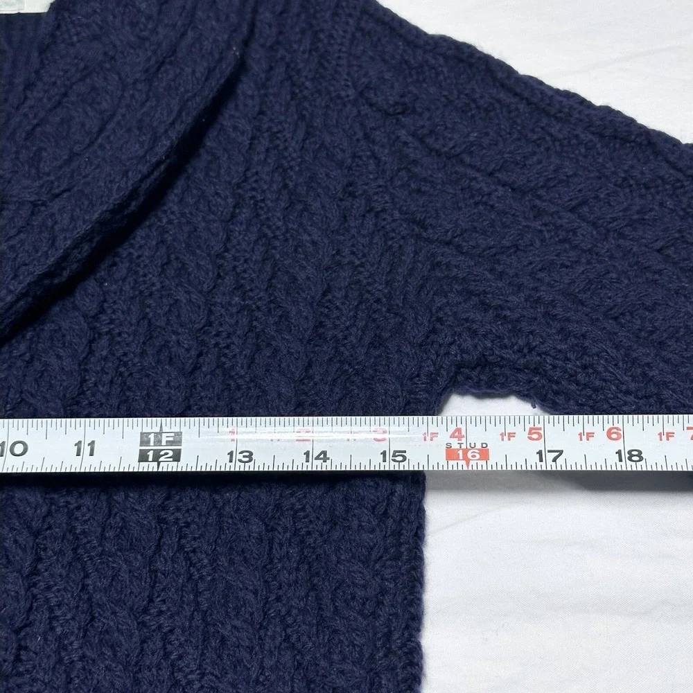 Aran Crafts Cable Knit Merino Wool Cardigan Womens XS Navy Double Breasted Shawl - Picture 11 of 13